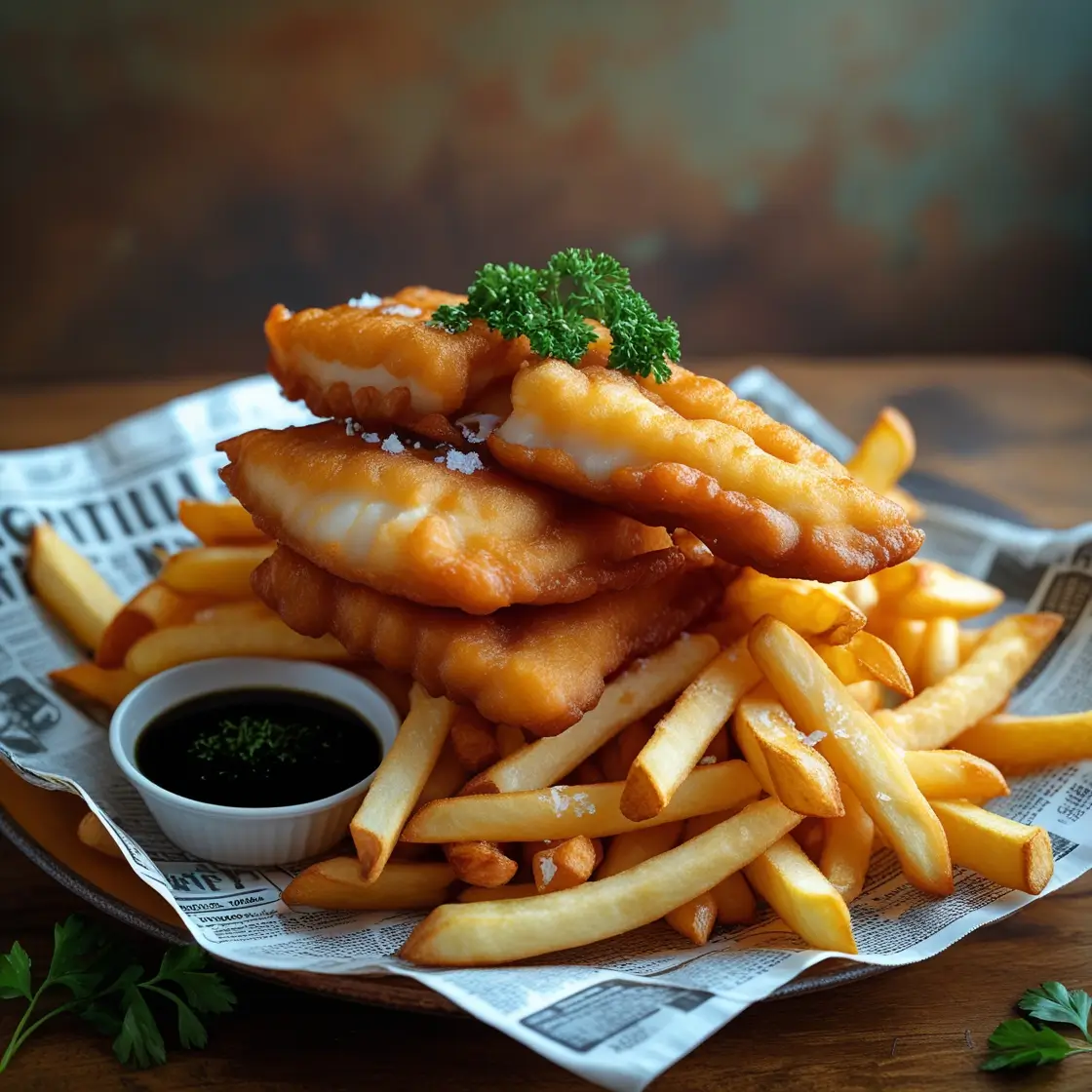 Golden-brown battered cod fillet served with thick-cut chips, mushy peas, and lemon wedge on newspaper-style paper