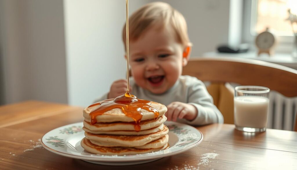 baby eating pancakes