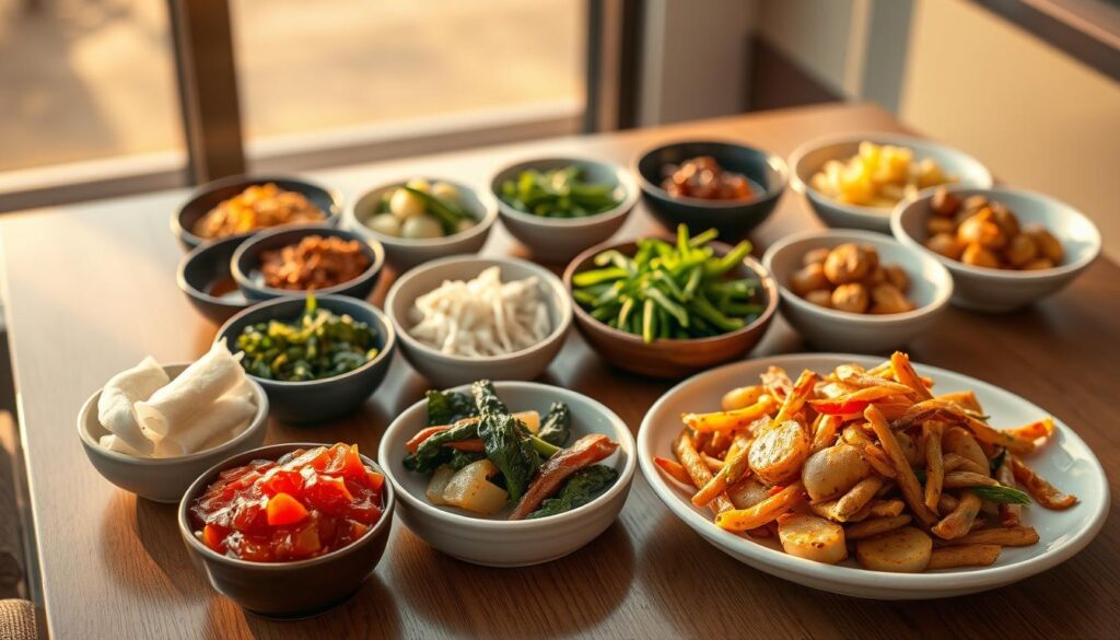 A beautifully arranged spread of traditional Korean BBQ side dishes, captured in natural lighting and high-resolution detail. In the foreground, an assortment of kimchi, pickled radish, and sautéed spinach sit atop a sleek, wooden table. The middle ground showcases a variety of banchan, including seasoned bean sprouts, crisp cucumber salad, and marinated soy-garlic potatoes, all presented on elegant ceramic dishes. In the background, the warm, inviting atmosphere is enhanced by the sunset-hued lighting, creating a cozy and authentic "sunset recipes" aesthetic.