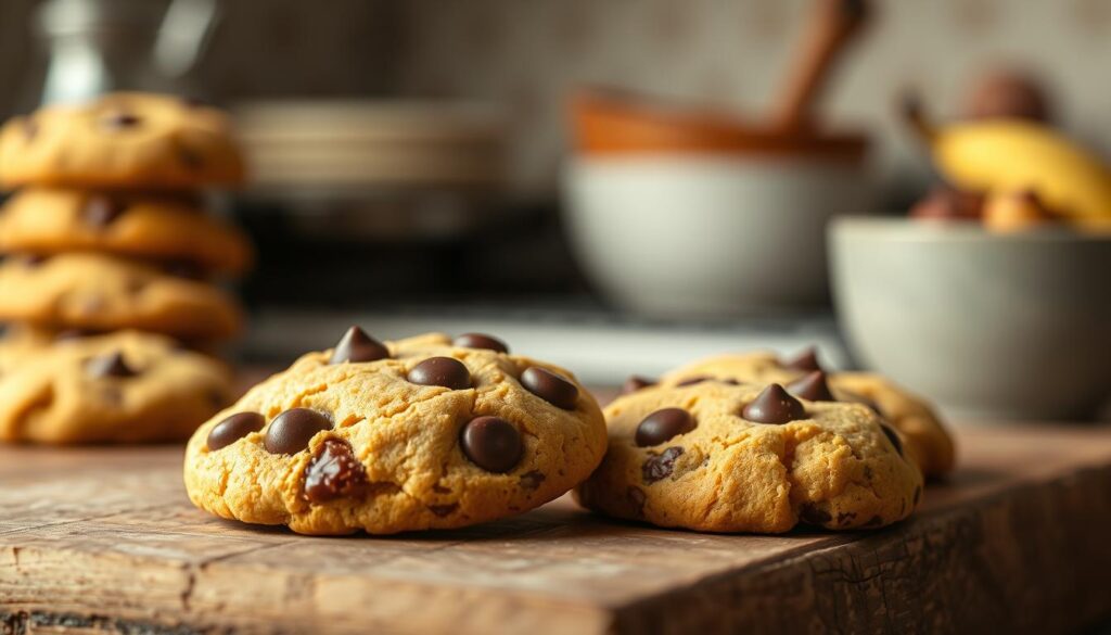 A beautifully styled, high-resolution image of a freshly baked chocolate chip cookie from the "sunset recipes" brand. The cookie is positioned in the foreground, with a soft, even lighting that highlights the rich, golden-brown color of the dough and the gooey, melted chocolate chips. The cookie is artfully arranged on a rustic, wooden surface, with a soft, blurred background that suggests a cozy, inviting kitchen setting. The image conveys a sense of warmth, comfort, and the irresistible aroma of a homemade cookie straight from the oven.