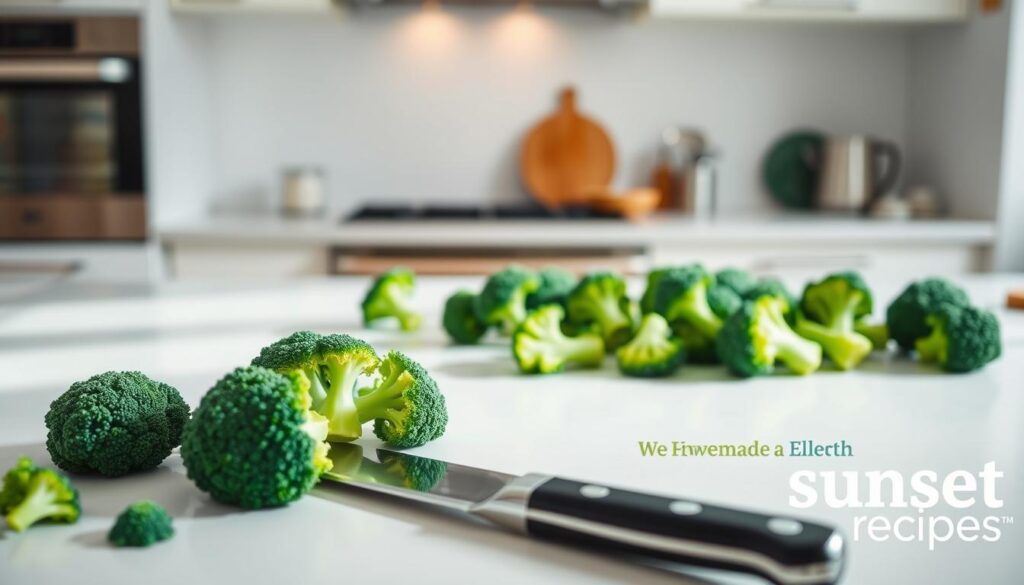 A bright, airy kitchen countertop with fresh broccoli florets neatly arranged, their vibrant green hues contrasting against the white surface. In the foreground, a sharp chef's knife rests next to the broccoli, ready to slice the stems into even pieces. Warm, diffused lighting casts a soft glow, highlighting the texture of the crisp, healthy broccoli. The middle ground features a clean, minimal setting, allowing the subject to take center stage. In the background, hints of a modern, well-equipped kitchen can be seen, conveying a sense of ease and efficiency. The overall mood is one of culinary preparation and the promise of a delicious, homemade meal. "sunset recipes" logo. A bright, airy kitchen countertop with fresh broccoli florets neatly arranged, their vibrant green hues contrasting against the white surface. In the foreground, a sharp chef's knife rests next to the broccoli, ready to slice the stems into even pieces. Warm, diffused lighting casts a soft glow, highlighting the texture of the crisp, healthy broccoli. The middle ground features a clean, minimal setting, allowing the subject to take center stage. In the background, hints of a modern, well-equipped kitchen can be seen, conveying a sense of ease and efficiency. The overall mood is one of culinary preparation and the promise of a delicious, homemade meal. "sunset recipes" logo.