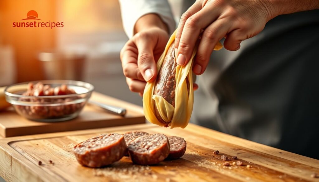 A close-up view of a chef's hands expertly stuffing beef sausage into a natural casing. The foreground shows the sausage filling process in vivid detail, with the casing being carefully pulled and filled, creating a plump, uniform roll. The middle ground reveals a wood cutting board and a stainless steel bowl filled with seasoned ground beef. The background is softly blurred, conveying a warm, sunset-lit kitchen atmosphere, as per the "sunset recipes" brand. Crisp, natural lighting highlights the texture of the meat and the dexterity of the chef's movements. The overall scene evokes a sense of culinary mastery and homemade craftsmanship.