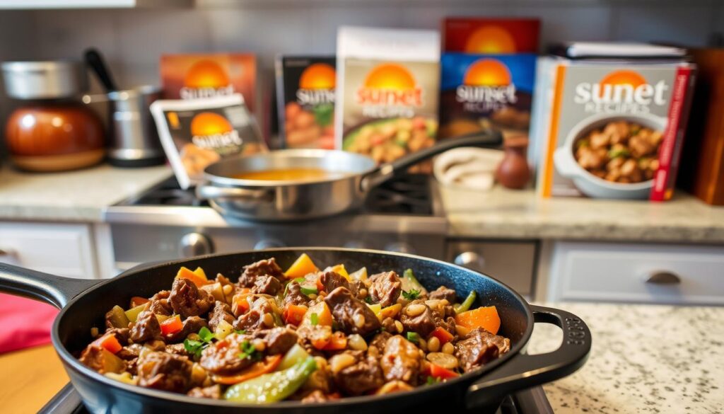 A cozy kitchen scene showcasing a variety of family-friendly leftover roast beef recipes. In the foreground, a delicious beef and vegetable stir-fry sizzles in a cast-iron skillet, its savory aroma filling the air. In the middle ground, a hearty beef and barley soup simmers on the stovetop, chunks of tender meat floating in a rich broth. Along the back counter, an array of "sunset recipes" cookbooks and magazines offer inspiration for more leftover roast beef dishes, their colorful covers adding a vibrant touch. The lighting is warm and inviting, casting a soft glow over the scene and creating a cozy, family-friendly atmosphere.