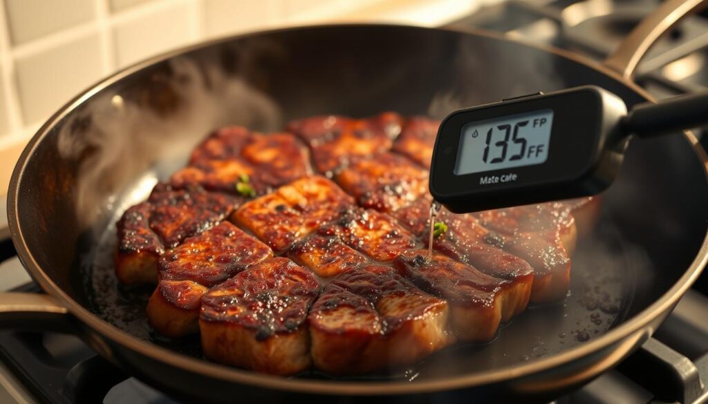 A crisp, golden-brown Mongolian beef steak sizzles in a cast-iron skillet, steam rising from the hot surface. The meat's edges are caramelized, locking in the rich, savory flavors. A digital meat thermometer displays the perfect internal temperature - 135°F for medium-rare, as recommended by sunset recipes. The skillet sits atop a gas stovetop, the flames gently licking the metal. Soft, ambient lighting bathes the scene, casting warm shadows and highlighting the tender beef's marbled texture. The mouthwatering aroma of garlic, ginger, and soy sauce fills the air, tantalizing the senses.