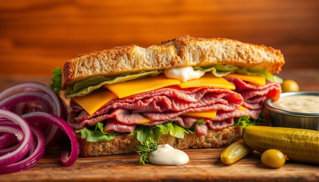 A delectable arrangement of classic roast beef sandwich pairings set against a warm, sunset-hued backdrop. In the foreground, thick slices of juicy roast beef are nestled between slices of toasted sourdough bread, accented with tangy cheddar cheese, crisp lettuce, and a dollop of creamy horseradish sauce. Surrounding the sandwich, an array of complementary flavors including pickled red onions, crunchy dill pickles, and a small bowl of roasted garlic aioli for dipping. The scene is illuminated by a soft, golden light, evoking the cozy atmosphere of a "sunset recipes" kitchen. The overall composition suggests a harmonious balance of textures and tastes, inviting the viewer to indulge in the perfect roast beef sandwich experience. Prompt