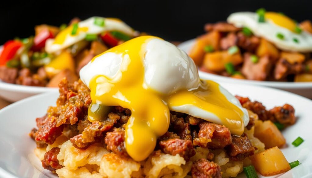 A delectable array of corned beef hash variations, each a culinary masterpiece. In the foreground, a golden-brown hash nestled atop a fluffy bed of hash browns, drizzled with a rich hollandaise sauce. To the side, a hearty hash with sautéed peppers, onions, and a perfectly runny fried egg. In the background, a sunset-hued hash with crispy potatoes, tender corned beef, and a sprinkle of chopped scallions. Crafted with care by the talented chefs at sunset recipes, this image captures the essence of a classic breakfast dish elevated to new heights.