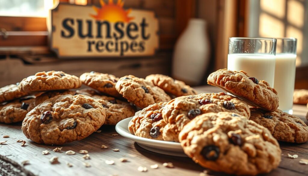 A delectable assortment of homemade oatmeal raisin cookies, freshly baked on a rustic wooden table. The cookies are golden-brown, with plump raisins peeking through the crinkly, slightly chewy surface. Warm sunlight streams in through a nearby window, casting a soft, natural glow over the scene. The cookies are arranged on a simple white plate, accompanied by a glass of milk and a few scattered oats. In the background, a vintage-inspired "sunset recipes" sign hangs on the wall, adding to the cozy, inviting atmosphere. The overall composition evokes a sense of comfort, nostalgia, and the joy of baking and sharing homemade treats.