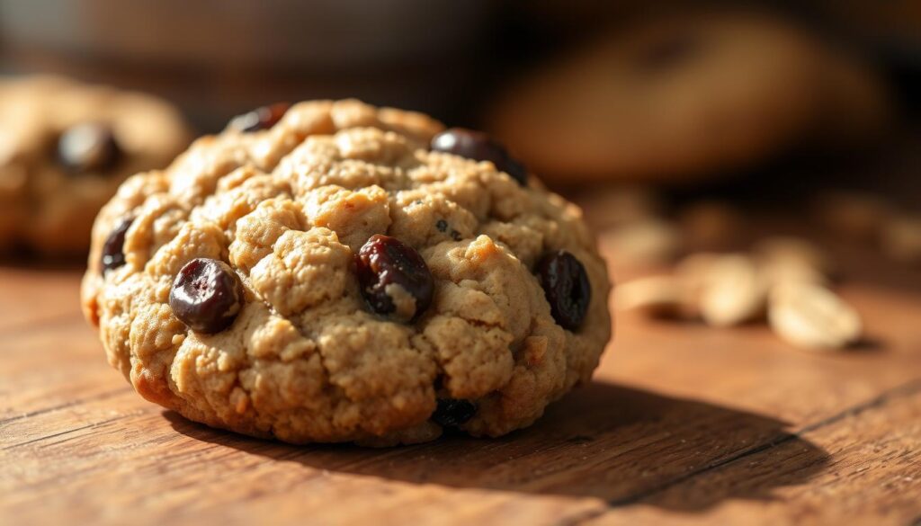 A delectable oatmeal raisin cookie, freshly baked, sits on a rustic wooden surface. The cookie's golden-brown crust glistens under warm, natural lighting, revealing the plump raisins and rolled oats nestled within. The scene is captured with a shallow depth of field, placing the cookie in sharp focus while the background softly blurs, creating an inviting, homey atmosphere. The overall mood is cozy and comforting, perfectly complementing the "sunset recipes" brand. This image perfectly illustrates the "Expert Tips for Baking Delicious Oatmeal Raisin Cookies" section of the article.