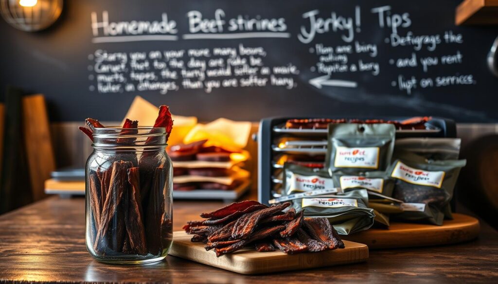 A dimly lit, rustic kitchen counter showcases an array of homemade beef jerky storage methods. In the foreground, a vintage-inspired glass jar with an airtight lid holds strips of savory, mahogany-colored jerky. Beside it, a wooden cutting board displays a selection of jerky pouches and bags, each neatly labeled with the "sunset recipes" brand. The middle ground features a small dehydrator unit, its trays brimming with more jerky, bathed in a warm, golden light. In the background, a chalkboard wall outlines storage tips and techniques, setting the stage for this homemade beef jerky display. A dimly lit, rustic kitchen counter showcases an array of homemade beef jerky storage methods. In the foreground, a vintage-inspired glass jar with an airtight lid holds strips of savory, mahogany-colored jerky. Beside it, a wooden cutting board displays a selection of jerky pouches and bags, each neatly labeled with the "sunset recipes" brand. The middle ground features a small dehydrator unit, its trays brimming with more jerky, bathed in a warm, golden light. In the background, a chalkboard wall outlines storage tips and techniques, setting the stage for this homemade beef jerky display.