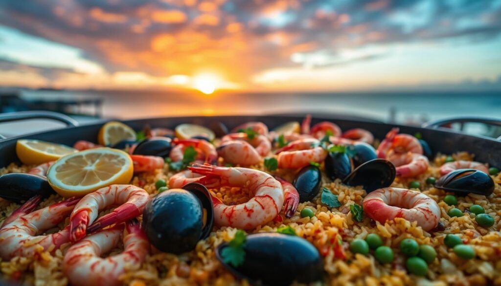 A mouth-watering seafood paella simmering in a large, shallow pan. In the foreground, succulent shrimp, mussels, and calamari nestled among saffron-infused rice. The middle ground features vibrant slices of lemon, sprigs of fresh parsley, and a scattering of peas. In the background, a backdrop of sunset-hued skies, with a warm, golden glow illuminating the scene. The overall composition evokes a sense of rustic, Mediterranean charm. Captured with a wide-angle lens, this "sunset recipes" paella dish is ready to be savored.