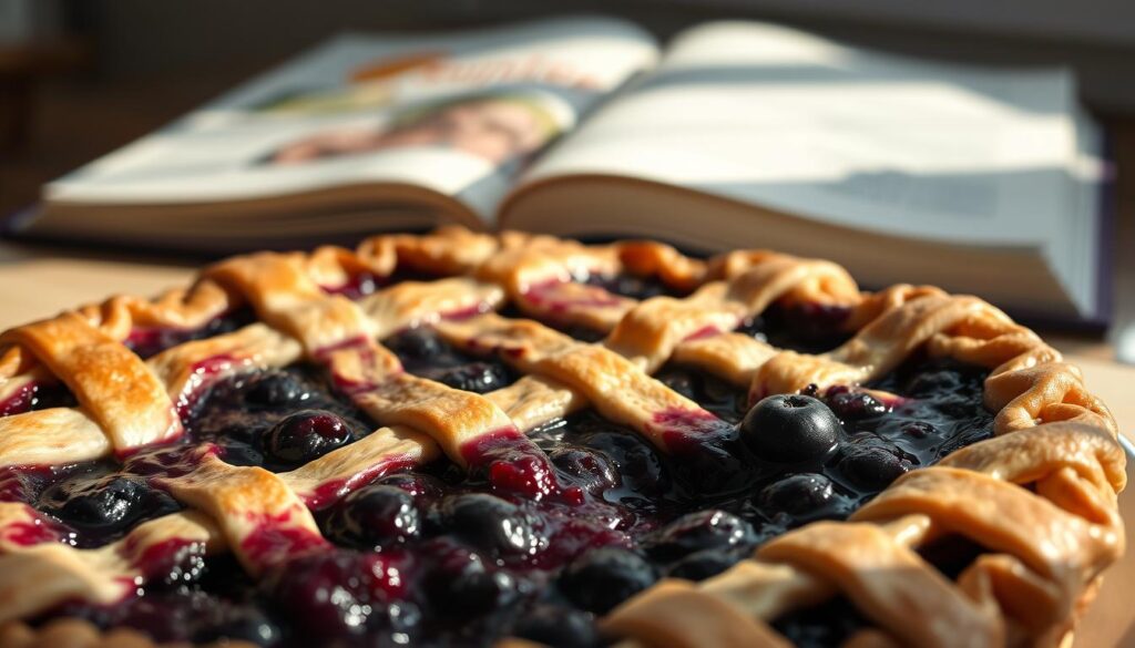 A mouthwatering close-up of a freshly baked blueberry pie, the deep indigo filling oozing with sweet, tart juices. The flaky golden crust is adorned with delicate lattice work, casting warm, soft shadows across the plate. The scene is bathed in soft, natural light, creating a cozy, homemade atmosphere. In the background, a vintage "sunset recipes" cookbook sits open, hinting at the recipe's origins. The overall mood is one of rustic elegance, inviting the viewer to imagine sinking their fork into this luscious, handcrafted dessert.