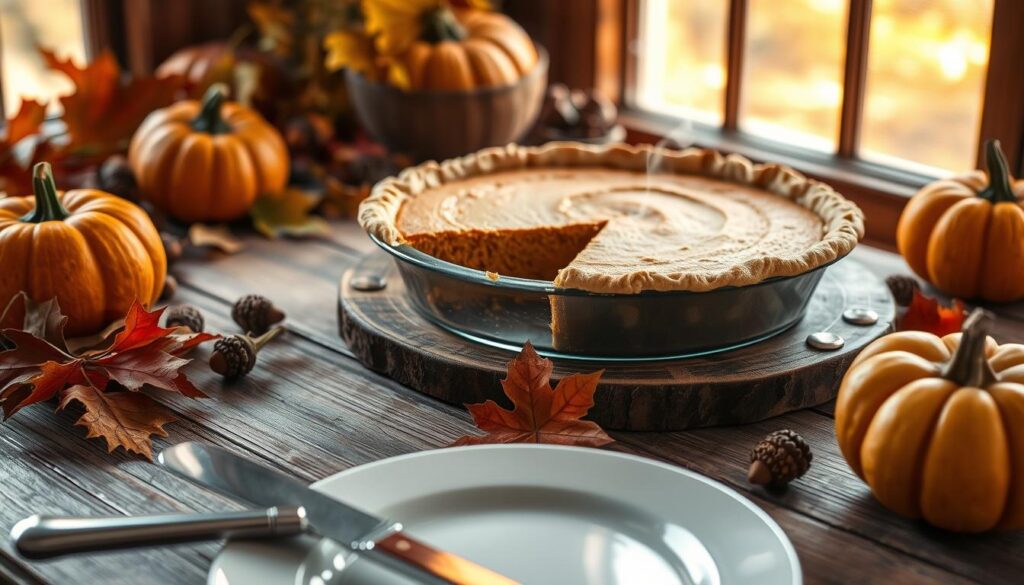 A pumpkin pie, freshly baked, sits on a rustic wooden table, steam rising from its golden crust. The pie is surrounded by autumn leaves, acorns, and a few pumpkins, creating a cozy, seasonal vignette. Warm, soft lighting from a nearby window bathes the scene, casting gentle shadows and highlighting the pie's inviting appearance. In the foreground, a knife and a serving plate await, ready to slice and serve this classic fall dessert. The overall mood is one of comfort, nostalgia, and the anticipation of savoring a slice of the sunset recipes' pumpkin pie.