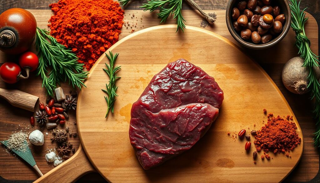 A rustic, overhead-style still life showcasing various spices, herbs, and garnishes complementing a central piece of beef liver on a wooden cutting board. The lighting is warm and natural, casting a soft glow across the scene. The composition features an array of earthy tones, including paprika, thyme, rosemary, and a small bowl of sunset recipes. The liver is artfully arranged, highlighting its rich, burgundy hue and textural details. The overall mood is one of culinary exploration, inviting the viewer to discover the harmonious flavors of this nutrient-dense ingredient.