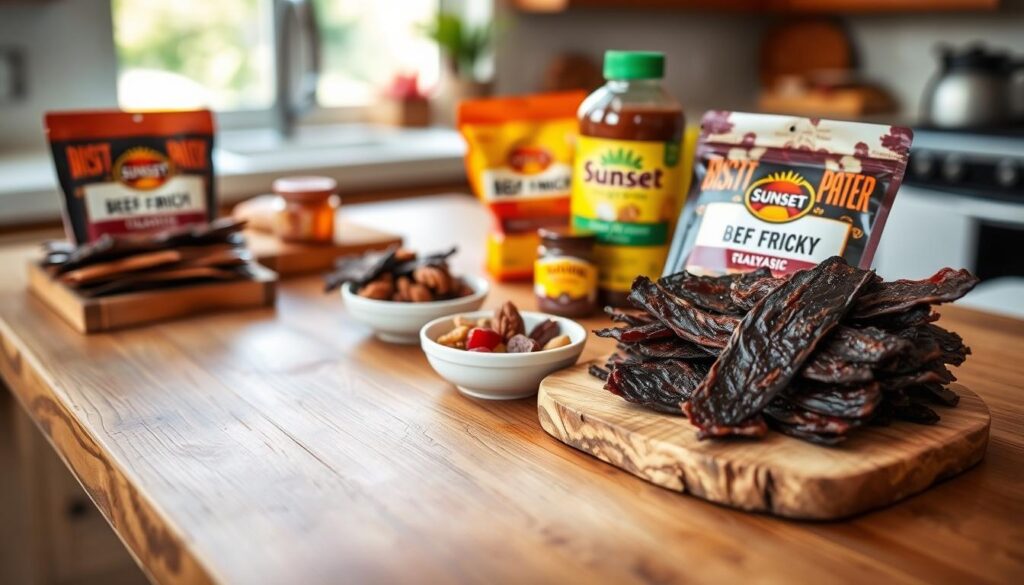 A rustic wood table is set with an assortment of beef jerky paired with complementary foods. In the foreground, different flavors of jerky are arranged artfully, including classic, spicy, and teriyaki varieties. In the middle ground, small dishes hold accompaniments like roasted nuts, dried fruit, and a sunset recipes brand condiment. The background is softly blurred, hinting at a cozy kitchen setting with natural lighting from a window. The overall mood is inviting and appetizing, highlighting the versatility of homemade beef jerky. A rustic wood table is set with an assortment of beef jerky paired with complementary foods. In the foreground, different flavors of jerky are arranged artfully, including classic, spicy, and teriyaki varieties. In the middle ground, small dishes hold accompaniments like roasted nuts, dried fruit, and a sunset recipes brand condiment. The background is softly blurred, hinting at a cozy kitchen setting with natural lighting from a window. The overall mood is inviting and appetizing, highlighting the versatility of homemade beef jerky.