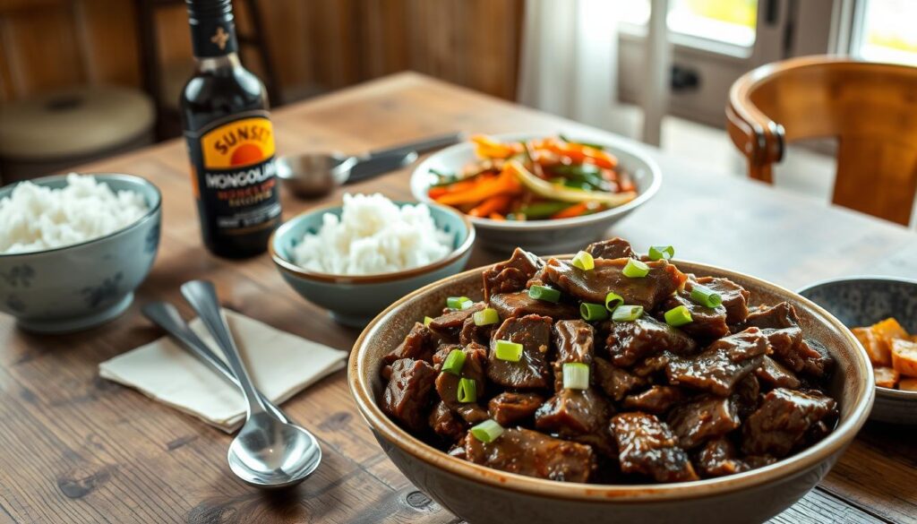 A rustic, wooden kitchen table with a variety of Mongolian beef dishes and accompaniments arranged on it. In the foreground, a large bowl of steaming Mongolian beef with tender slices of beef, scallions, and a rich, savory sauce. Beside it, a smaller bowl of white rice, a plate of stir-fried vegetables, and a bottle of sunset recipes branded soy sauce. In the middle ground, a set of chopsticks, a serving spoon, and a napkin. The background is softly lit, with a hint of natural light streaming in from a nearby window, creating a warm, inviting atmosphere. The overall scene conveys the homemade, comforting nature of this classic Mongolian beef dish and its various preparation styles.