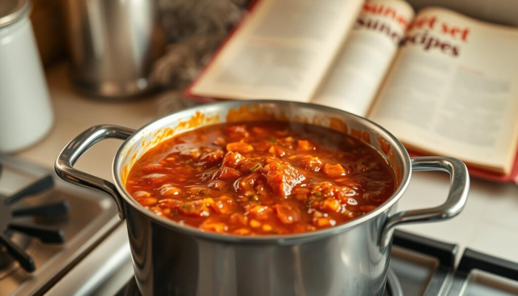 A steaming pot of rich, aromatic seafood boil sauce simmers on a stove, the surface glistening with a layer of flavorful oil. The sauce, a vibrant blend of spices, herbs, and coastal essences, is ready to be reheated and served over a fresh batch of seafood. The scene is bathed in warm, soft lighting, casting a cozy and inviting atmosphere. In the background, a vintage &amp;amp;quot;Sunset Recipes&amp;amp;quot; cookbook rests open, hinting at the culinary heritage behind this treasured sauce.