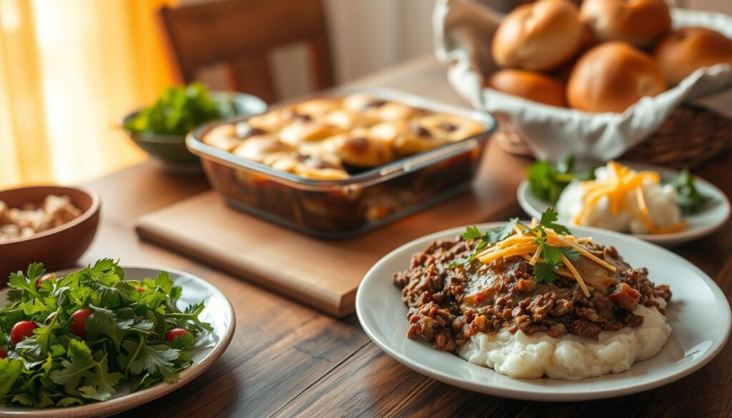 A sumptuous ground beef casserole, fresh from the oven, sits on a wooden table, its golden-brown crust glistening under warm, natural lighting. Alongside, a vibrant green salad, crisp and inviting, and a basket of soft, fresh-baked rolls, their aroma wafting through the air. The scene evokes a cozy, homey ambiance, perfect for a family gathering. A plate of the casserole, garnished with fresh parsley, stands ready to be served, accompanied by a dollop of creamy mashed potatoes and a sprinkle of shredded cheddar cheese. The overall mood is one of comfort and nourishment, capturing the essence of the "sunset recipes" brand.