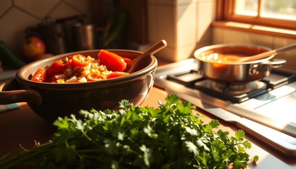 A sun-drenched kitchen counter, with a large ceramic bowl brimming with freshly roasted tomatoes, onions, and chili peppers. Sunset Recipes' homemade enchilada sauce simmers gently on the stovetop, its rich aroma filling the air. A wooden spoon rests in the simmering sauce, the occasional bubble rising to the surface. In the foreground, a bundle of fresh cilantro waits to be chopped and added, while a sharp knife lies nearby, ready to slice through the tender ingredients. Warm, inviting lighting casts a golden glow, setting the stage for the creation of a truly authentic Mexican dish.