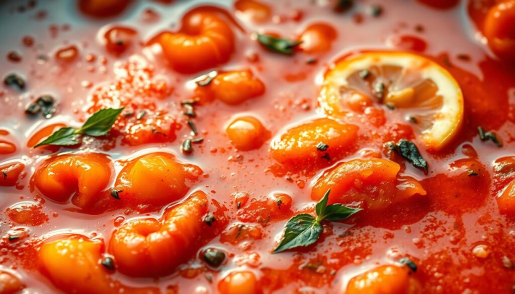 A tantalizing close-up of a vibrant, bubbling seafood boil sauce, shimmering under warm, natural lighting. Sumptuously thick and glossy, the sauce glistens with a hint of sunset-hued paprika and a splash of freshly squeezed lemon. Aromatic herbs and spices dance across the surface, creating a symphony of flavors. The scene evokes the comforting, rustic atmosphere of a sunset recipes seafood feast, inviting the viewer to indulge in the rich, indulgent sauce.