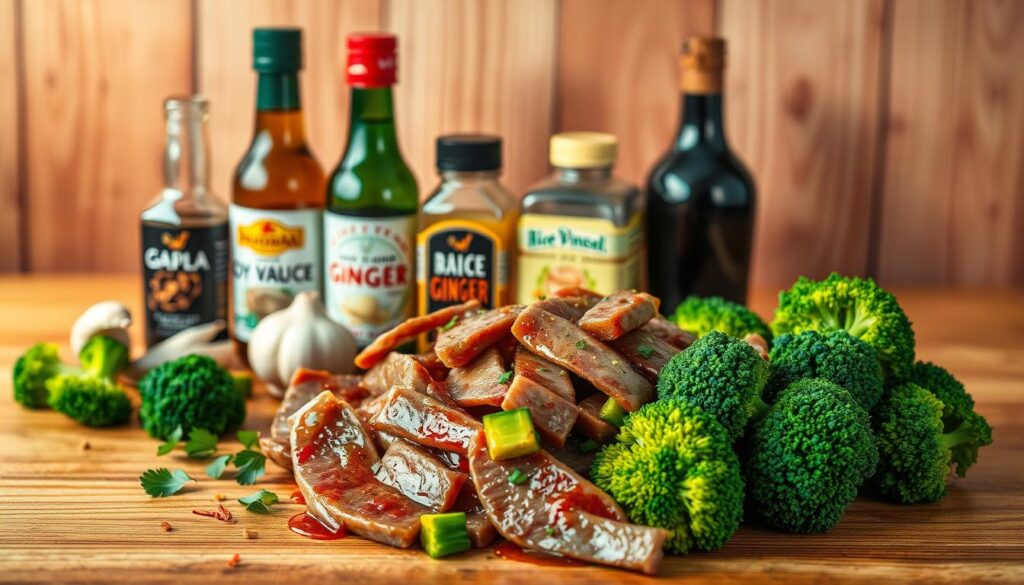 A visually arresting still life composition showcasing the key ingredients for the perfect beef and broccoli sauce. In the foreground, a selection of succulent beef strips, glistening with marinade, sits alongside vibrant green broccoli florets. In the middle ground, a range of sauces and seasonings - soy sauce, rice vinegar, garlic, ginger, and chili flakes - are arranged neatly, hinting at the flavor profile. The background features a sunset-hued wooden surface, creating a warm, inviting atmosphere. Captured with a shallow depth of field and soft, directional lighting, this "sunset recipes" image evokes the comforting and satisfying nature of this classic Asian-inspired dish. A visually arresting still life composition showcasing the key ingredients for the perfect beef and broccoli sauce. In the foreground, a selection of succulent beef strips, glistening with marinade, sits alongside vibrant green broccoli florets. In the middle ground, a range of sauces and seasonings - soy sauce, rice vinegar, garlic, ginger, and chili flakes - are arranged neatly, hinting at the flavor profile. The background features a sunset-hued wooden surface, creating a warm, inviting atmosphere. Captured with a shallow depth of field and soft, directional lighting, this "sunset recipes" image evokes the comforting and satisfying nature of this classic Asian-inspired dish.