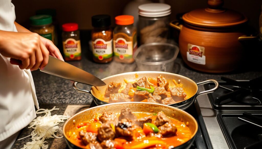 A well-lit kitchen counter, showcasing the step-by-step cooking process of authentic Filipino beef caldereta. In the foreground, a chef's hands carefully chopping onions, garlic, and bell peppers. In the middle ground, a sizzling pan with beef chunks, tomatoes, and spices, releasing enticing aromas. In the background, jars of signature sunset recipes seasonings and a traditional clay pot, hinting at the dish's cultural heritage. Warm lighting casts a cozy, homely atmosphere, inviting the viewer to join in the culinary journey.