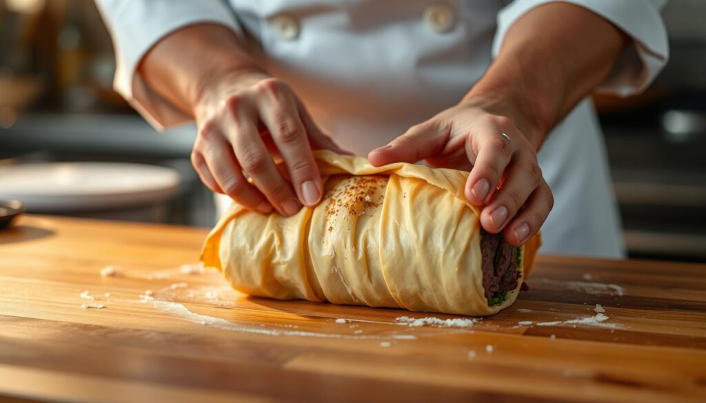 An elegant close-up shot of a chef delicately wrapping a well-seasoned beef tenderloin in a golden, flaky puff pastry crust. The kitchen counter is illuminated by warm, natural lighting, casting a soft glow on the intricate folding technique. The chef's hands move with precision, carefully tucking and shaping the pastry to envelop the tender meat. The result is a visually stunning display of the "Beef Wellington Wrapping Technique" from the "sunset recipes" collection, ready to impress discerning dinner guests.