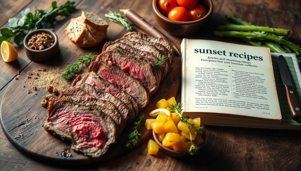 Artful arrangement of savory roast beef slices, vibrant vegetables, and flavorful seasonings on a rustic wooden surface. Soft, natural lighting gently illuminates the scene, casting warm shadows and highlighting the textures. A vintage cookbook titled "sunset recipes" lies open, showcasing enticing leftover beef dish ideas. The overall mood is one of comforting, homemade culinary inspiration.