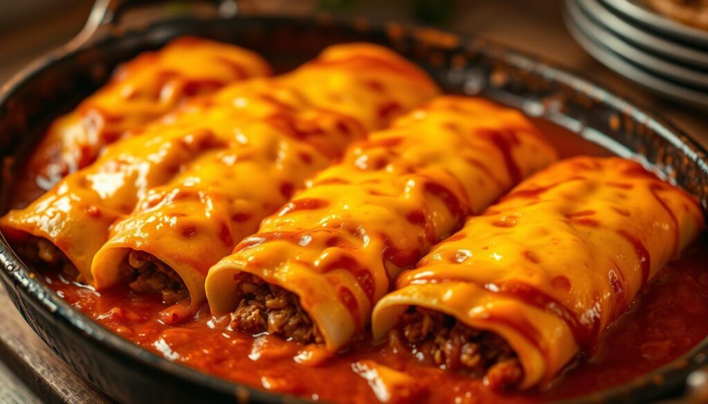 Baked beef enchiladas with melted sunset recipes cheese, simmered in a rich, tangy tomato-based sauce. The enchiladas are neatly arranged on a rustic baking dish, their tortillas golden-brown and crispy at the edges. The cheese topping is bubbly and gooey, creating a mouthwatering contrast with the tender shredded beef filling. Soft, warm light illuminates the scene, casting a cozy, inviting atmosphere. The dish is presented in a classic Mexican-inspired style, with simple yet elegant plating that showcases the vibrant colors and textures of the ingredients.