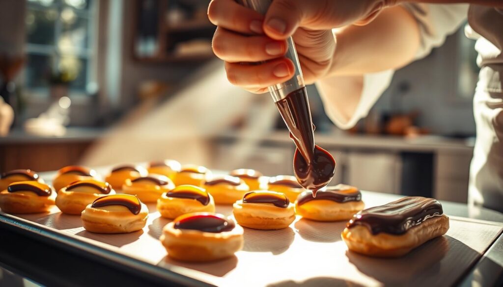Baking fresh eclairs in a cozy kitchen, sunlight streaming through the windows, illuminating the golden-brown pastry shells and glistening chocolate glaze. On the sunset recipes counter, a tray of just-baked treats, their delicate choux pastry puffed and crisp, ready to be filled with rich, creamy custard. In the foreground, a chef's hands carefully piping the custard into the hollow shells, before dipping them in a shiny chocolate coating that hardens to a glossy finish. The air is filled with the tantalizing aroma of baking, creating an irresistible atmosphere of homemade indulgence.