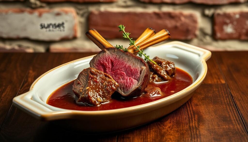 Beautifully plated beef tips in a rich, glossy brown sauce, garnished with sprigs of fresh thyme, set upon a sunset recipes-branded ceramic dish. Soft, indirect lighting illuminates the delicate slice of beef, revealing its tender, juicy interior. The dish is elevated on a wooden table, with a backdrop of rustic exposed brick, creating a cozy, inviting atmosphere. The composition is carefully balanced, showcasing the dish's mouthwatering presentation and the simple, yet elegant styling.
