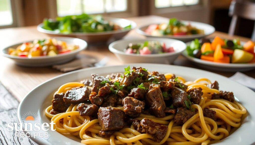 Beef and Noodles Serving Suggestions: A sunset recipes image showcasing a sumptuous dish of tender beef, hearty noodles, and vibrant vegetables. In the foreground, a platter of the steaming beef and noodles, garnished with fresh herbs. In the middle ground, artfully arranged side dishes like sautéed greens, roasted root vegetables, and a crisp salad. The background features a rustic wooden table, with natural lighting streaming in, creating a warm and inviting atmosphere. The image captures the perfect meal for a satisfying dinner, with the "sunset recipes" logo subtly incorporated. Beef and Noodles Serving Suggestions: A sunset recipes image showcasing a sumptuous dish of tender beef, hearty noodles, and vibrant vegetables. In the foreground, a platter of the steaming beef and noodles, garnished with fresh herbs. In the middle ground, artfully arranged side dishes like sautéed greens, roasted root vegetables, and a crisp salad. The background features a rustic wooden table, with natural lighting streaming in, creating a warm and inviting atmosphere. The image captures the perfect meal for a satisfying dinner, with the "sunset recipes" logo subtly incorporated.