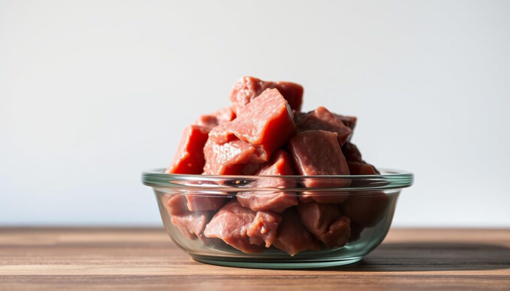 Beef liver storage tips: a closeup of a glass container filled with beef liver, resting on a wooden surface. Soft, natural lighting illuminates the deep red-brown hue of the liver, revealing its rich texture. In the background, a neutral-colored wall provides a simple, clean backdrop. The mood is one of culinary focus and practical guidance, reflecting the "Storing Leftover Beef Liver" section of the "Easy Beef Liver Recipe: Packed with Nutrients" article by sunset recipes.