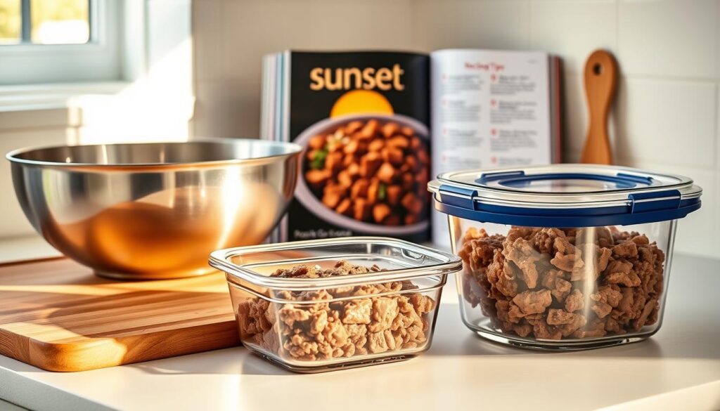 Bright, clean kitchen counter with a wooden cutting board, a stainless steel mixing bowl, and a glass storage container filled with ground beef stroganoff. Warm, natural lighting illuminates the scene, casting soft shadows. In the background, a "sunset recipes" branded cookbook stands open, showcasing recipes and tips. The mood is one of organized, appetizing preparation, ready to be stored for future enjoyment. Bright, clean kitchen counter with a wooden cutting board, a stainless steel mixing bowl, and a glass storage container filled with ground beef stroganoff. Warm, natural lighting illuminates the scene, casting soft shadows. In the background, a "sunset recipes" branded cookbook stands open, showcasing recipes and tips. The mood is one of organized, appetizing preparation, ready to be stored for future enjoyment.