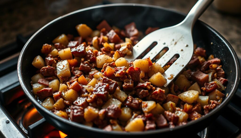 Corned beef hash cooking in a cast-iron skillet, golden-brown and crispy, sizzling over an open flame. Diced potatoes, onions, and peppers mingle with tender shreds of corned beef, capturing the essence of a classic sunset recipes breakfast. Soft lighting casts a warm glow, highlighting the rustic texture of the dish. A stainless steel spatula stands ready to flip and serve this hearty, flavorful creation. The aroma of spices and caramelized edges fills the air, inviting the senses to savor this comforting, homestyle dish.