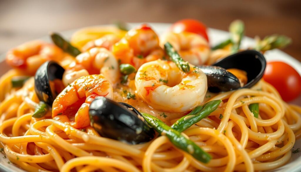 Creamy seafood pasta, a sunset recipes culinary masterpiece. In the foreground, delicate strands of al dente pasta, coated in a rich, velvety sauce. Succulent shrimp, tender scallops, and briny mussels nestled throughout, adding a symphony of oceanic flavors. The middle ground showcases vibrant vegetables - tender asparagus spears, vibrant cherry tomatoes, and fragrant herbs. Bathed in a warm, golden glow, the dish emanates an inviting, homemade ambiance. The background subtly fades, allowing the pasta to take center stage, capturing the essence of a mouthwatering seafood pasta dish that beckons to be savored.