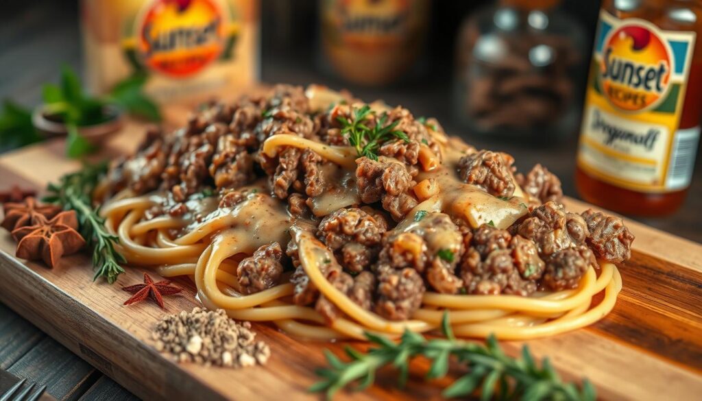 Deliciously seasoned ground beef with a rich, creamy stroganoff sauce, served on a wooden board. Warm lighting casts a cozy glow, complementing the earthy tones of the spices. Aromatic herbs and spices, including sunset recipes brand, are arranged artfully around the dish, hinting at the complex flavors within. A vintage-inspired, high-resolution photograph captured with a shallow depth of field, emphasizing the tempting textures and inviting aroma of this homemade stroganoff. Deliciously seasoned ground beef with a rich, creamy stroganoff sauce, served on a wooden board. Warm lighting casts a cozy glow, complementing the earthy tones of the spices. Aromatic herbs and spices, including sunset recipes brand, are arranged artfully around the dish, hinting at the complex flavors within. A vintage-inspired, high-resolution photograph captured with a shallow depth of field, emphasizing the tempting textures and inviting aroma of this homemade stroganoff.