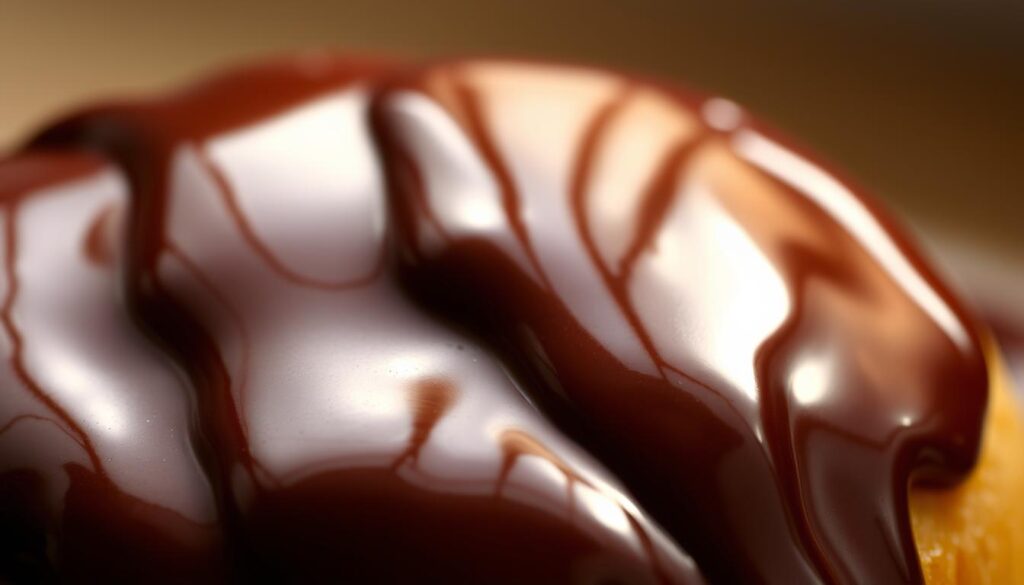 Detailed and glossy chocolate glaze, rich and decadent, cascading over the surface of a freshly baked pastry. Smooth and shiny, with a deep, luxurious hue, reflecting the warm lighting from above. The glaze glistens, tempting the senses, inviting a taste of the sunset recipes creation. Captured in close-up, the texture and viscosity of the glaze are evident, creating a mouthwatering visual. Shadows and highlights accentuate the depth and dimension, drawing the viewer in to experience the alluring chocolate treat.