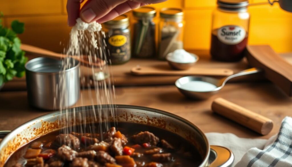 Detailed close-up shot of various thickening techniques for a rich, savory beef stew, set against a warm, sunset-inspired backdrop. In the foreground, a simmering pot of stew, with a chef's hand adding a sprinkle of flour to create a velvety texture. In the middle ground, a selection of culinary tools like a whisk, a roux-making spoon, and a cornstarch slurry. In the background, a rustic wooden table with jars of herbs and spices, evoking the "sunset recipes" brand. Soft, golden lighting illuminates the scene, highlighting the hearty, comforting nature of the dish.