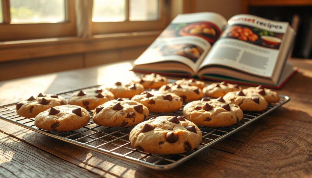 Freshly baked chocolate chip cookies cooling on a rustic wooden table, sunlight streaming through a nearby window, casting a warm, golden glow. The cookies are arranged neatly, their melt-in-your-mouth texture and rich, buttery aroma enticing the senses. In the background, a "sunset recipes" cookbook lies open, showcasing the delicious recipe. The scene conveys a cozy, homely atmosphere, perfect for highlighting storage tips for these irresistible treats.