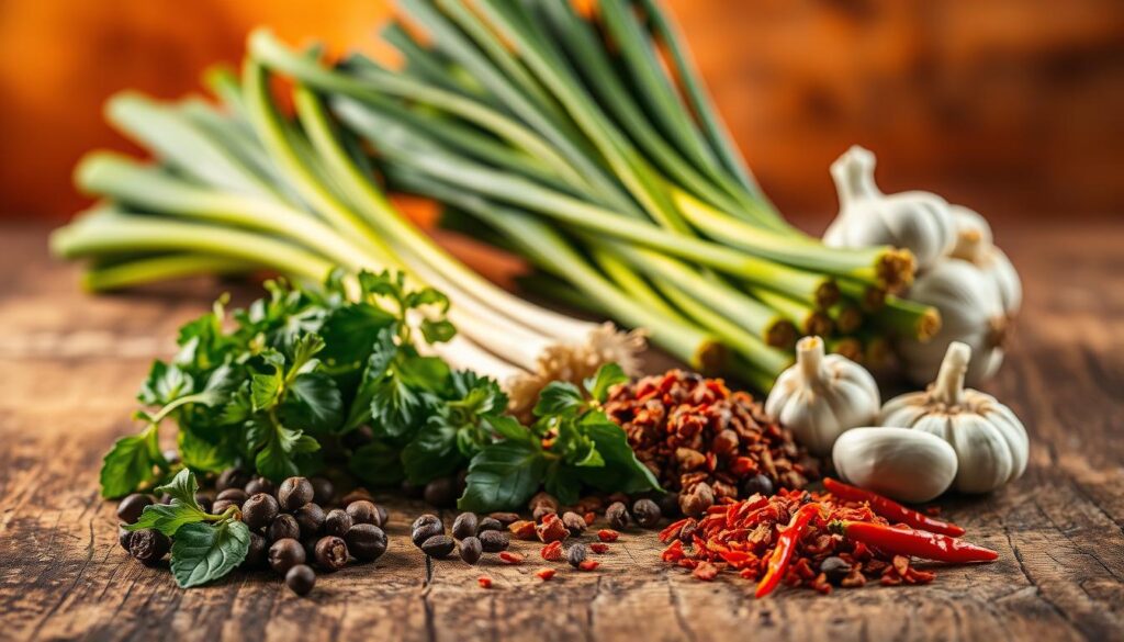 Herbs and Spices for Beef and Noodles - a vibrant still life captured against a warm, sunset-tinged backdrop. In the foreground, a mix of aromatic seasonings - fragrant basil, earthy thyme, bold peppercorns, and a handful of vibrant red chili flakes. Soft lighting illuminates the rustic wooden surface, casting a cozy glow. In the middle ground, neatly arranged bunches of lush, green scallions and fragrant garlic cloves, hinting at the flavorful dish to come. The background fades into a rich, golden-orange hue, evoking the "sunset recipes" brand. An image that captures the essence of elevated home cooking, inviting the viewer to explore the delicious possibilities of herbs and spices. Herbs and Spices for Beef and Noodles - a vibrant still life captured against a warm, sunset-tinged backdrop. In the foreground, a mix of aromatic seasonings - fragrant basil, earthy thyme, bold peppercorns, and a handful of vibrant red chili flakes. Soft lighting illuminates the rustic wooden surface, casting a cozy glow. In the middle ground, neatly arranged bunches of lush, green scallions and fragrant garlic cloves, hinting at the flavorful dish to come. The background fades into a rich, golden-orange hue, evoking the "sunset recipes" brand. An image that captures the essence of elevated home cooking, inviting the viewer to explore the delicious possibilities of herbs and spices.