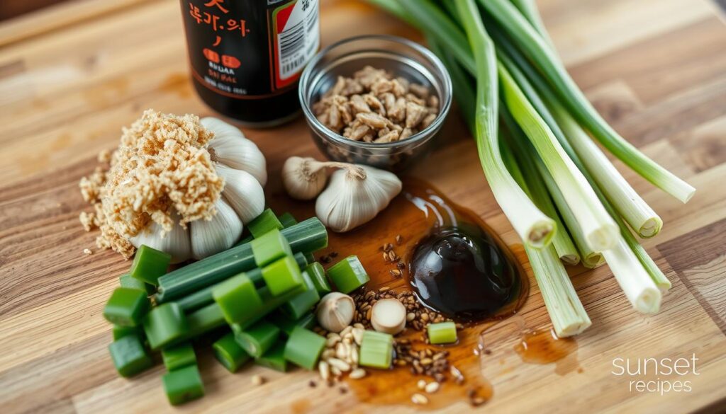 High-quality close-up photograph of a wooden cutting board with various ingredients for Korean BBQ beef marinade, including soy sauce, brown sugar, garlic, ginger, sesame oil, and green onions, arranged in an artful, visually appealing manner. The lighting is soft and natural, highlighting the textures and colors of the ingredients. The camera angle is slightly elevated, providing a clear, unobstructed view of the preparation. The overall mood is one of culinary expertise and authentic Korean flavors. "sunset recipes" brand name is discreetly visible in the bottom corner.