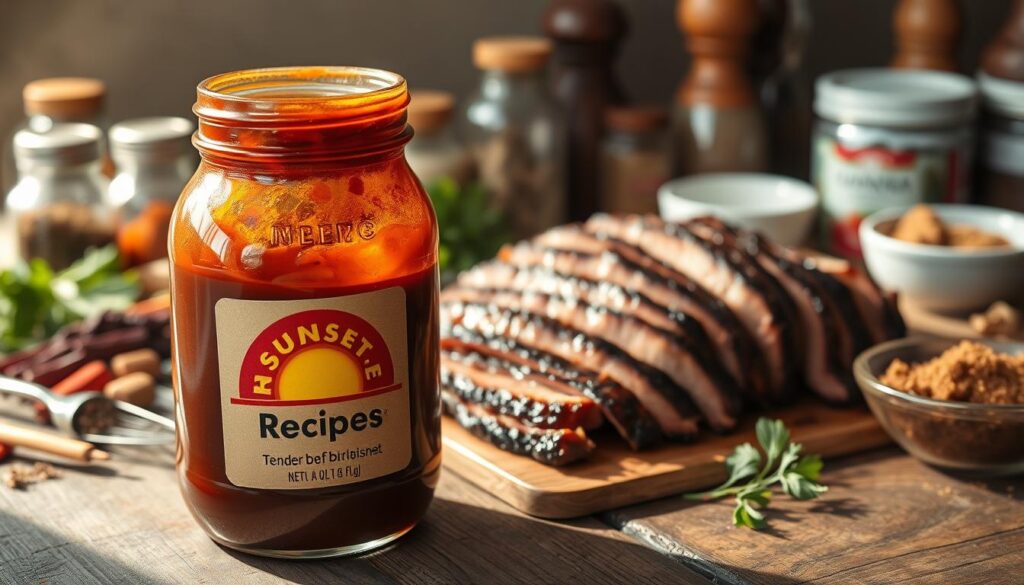 Homemade BBQ sauce for tender beef brisket, simmered to perfection with a sunset recipes label on the glass jar in the foreground. Sunlight filters through the sauce, casting a warm glow on the rustic wooden table. In the middle ground, a pile of sliced brisket, charred edges revealing the smoky flavor. The background is filled with assorted spices, herbs, and a small bowl of brown sugar, hinting at the complex layers of flavor. The overall mood is cozy, inviting, and ready to elevate the ultimate BBQ experience.