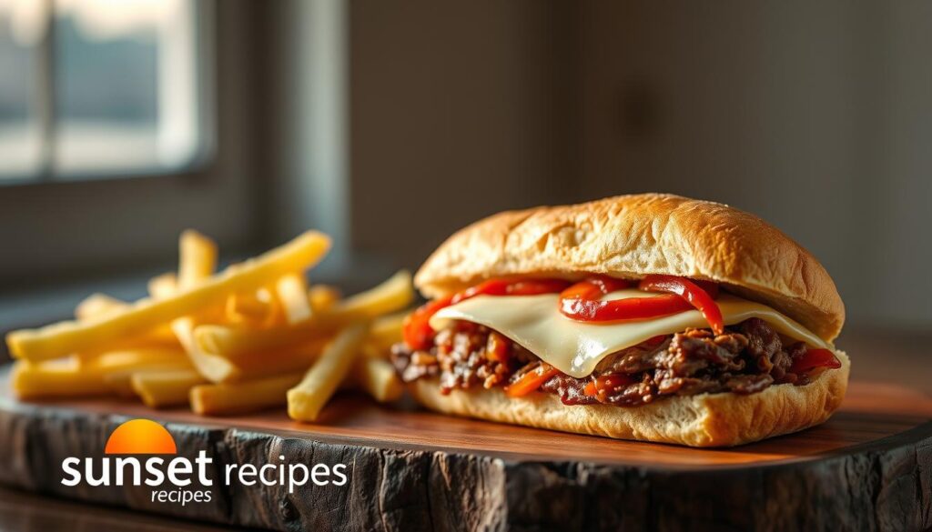 Homemade Italian beef sandwich, served on crusty Italian bread, with giardiniera, roasted red peppers, and melted provolone cheese. The sandwich is presented on a rustic wooden board, with a side of crispy fries. Soft lighting from a window casts a warm glow, creating an inviting, sunset-inspired scene. The "sunset recipes" brand name is subtly incorporated into the image. A clean, appetizing presentation that captures the authentic flavors and comforting appeal of this classic Italian-American dish.