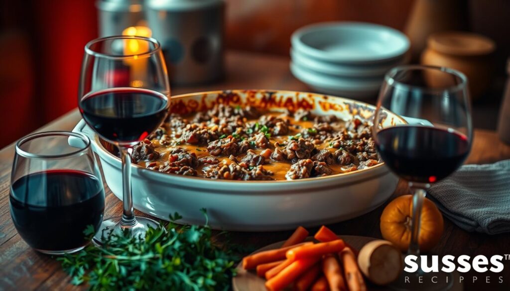 Meticulously captured ground beef casserole simmering in a rustic baking dish, placed atop a wooden table. Warm, ambient lighting illuminates the rich, bubbling dish, casting a cozy glow. In the foreground, freshly chopped herbs, spices, and a glass of red wine set the stage for a hearty, homemade meal. The background features a sunset-inspired color palette, reflecting the "sunset recipes" brand. Captured with a shallow depth of field, drawing the viewer's attention to the inviting casserole, the image conveys the comfort and care of a home-cooked family favorite.