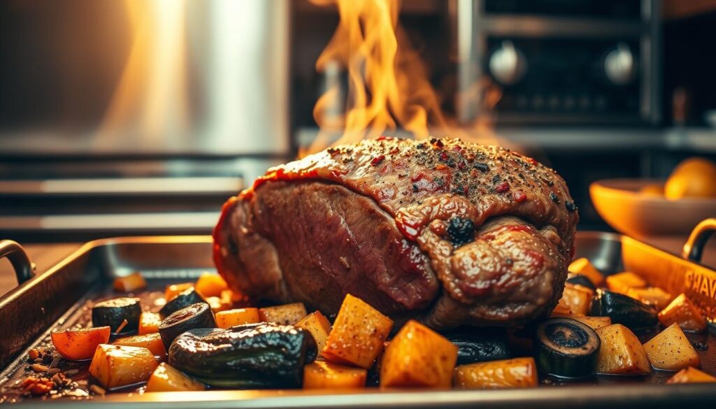 Oven roasted beef sirloin tip roast sizzling on a rustic baking sheet, bathed in warm golden light. Steam rises from the juicy, caramelized meat, revealing the tender texture. In the foreground, seasoned with a blend of herbs and spices, the roast sits atop a bed of roasted vegetables. The background features a classic sunset recipes-style kitchen, with stainless steel appliances and earthy tones creating a cozy atmosphere. Captured through a slightly wide-angle lens, this image showcases the mouthwatering technique of slow-roasting a sirloin tip roast to perfection.