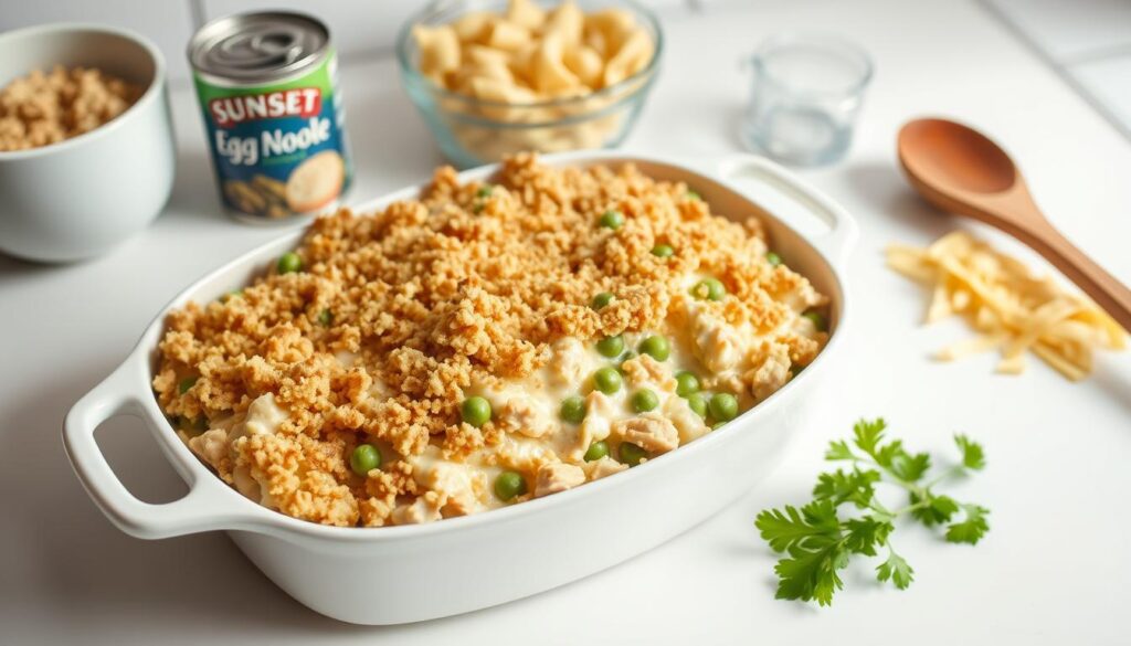 Prompt A simple, homemade tuna casserole sits on a plain white kitchen counter, bathed in soft, natural lighting. The creamy, golden-brown casserole, brimming with tender flakes of tuna, peas, and a breadcrumb topping, is the focal point. Surrounding it are various cooking implements and ingredients, hinting at the preparation process - a can of tuna, a bowl of egg noodles, a wooden spoon, and a sprig of fresh parsley. The overall scene conveys a sense of comfort and ease, capturing the essence of a "sunset recipes" classic dish.