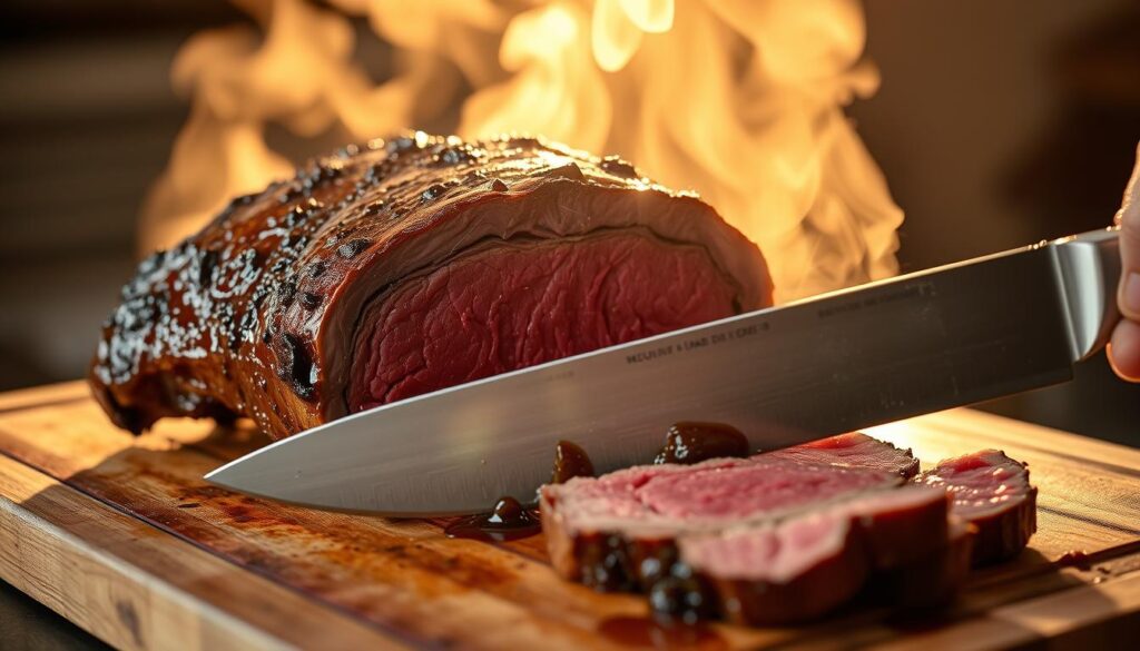 Resting and slicing beef sirloin tip roast. A large, freshly roasted beef sirloin tip rests on a wooden cutting board, steam gently rising from its juicy surface. The sun casts a warm, golden glow across the scene, illuminating the tender meat. A sharp chef's knife slices through the roast, revealing its deep red center and succulent texture. Droplets of savory juices glisten on the blade. The atmosphere is one of calm and culinary expertise, inviting the viewer to imagine the delicious flavors of this sunset recipes dish.