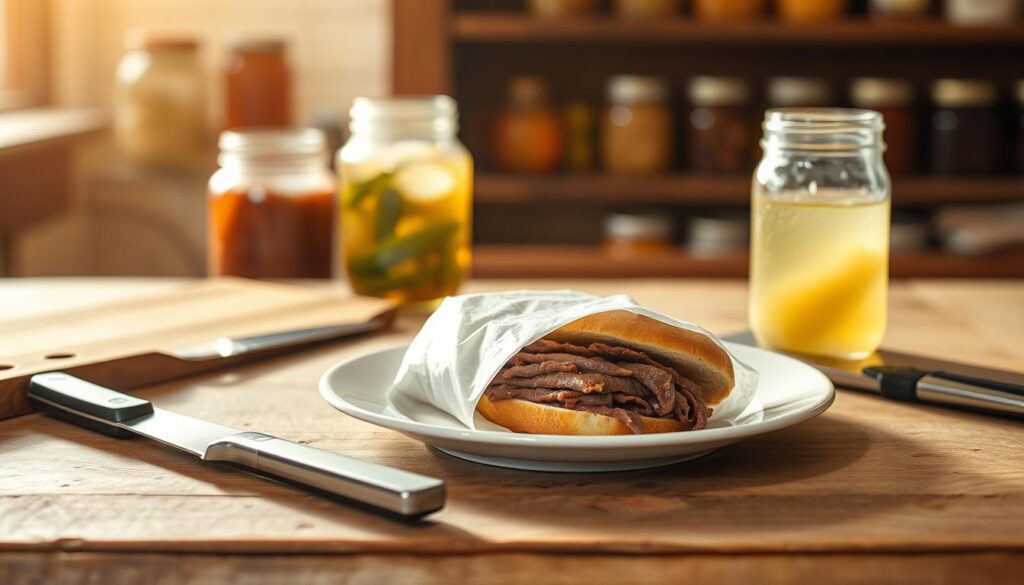 Roast beef sandwich storage tips: a still life in warm, golden light. On a rustic wooden table, a plate holds a neatly wrapped roast beef sandwich, its crust glistening. Beside it, a glass jar filled with a cloudy liquid - a homemade vinegar or pickling brine. A knife and cutting board suggest the preparation process. In the background, hazy shelves display jars of preserves and pickles, a testament to the sunset recipes tradition of mindful leftovers storage. Soft, diffused illumination casts gentle shadows, creating an inviting, artisanal ambiance.