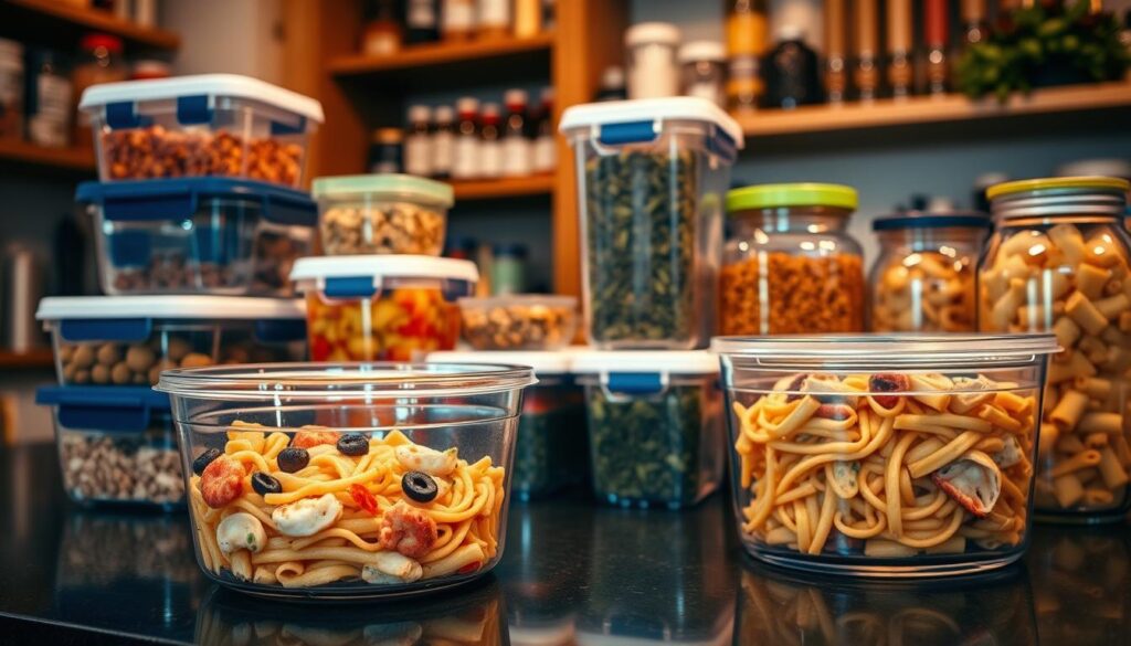 Seafood pasta storage: a neatly organized sunset recipes kitchen counter, with glass jars and plastic containers holding various pasta dishes and seafood ingredients. The lighting is warm and inviting, casting a golden glow over the scene. In the foreground, a clear glass container showcases leftover seafood pasta, its vibrant colors and textures tempting the viewer. The middle ground features various storage solutions, such as stackable containers and airtight jars, arranged in a visually pleasing manner. The background hints at a well-stocked pantry, with shelves of spices, herbs, and other cooking essentials. The overall atmosphere evokes a sense of culinary expertise and intentional food preservation. Seafood pasta storage: a neatly organized sunset recipes kitchen counter, with glass jars and plastic containers holding various pasta dishes and seafood ingredients. The lighting is warm and inviting, casting a golden glow over the scene. In the foreground, a clear glass container showcases leftover seafood pasta, its vibrant colors and textures tempting the viewer. The middle ground features various storage solutions, such as stackable containers and airtight jars, arranged in a visually pleasing manner. The background hints at a well-stocked pantry, with shelves of spices, herbs, and other cooking essentials. The overall atmosphere evokes a sense of culinary expertise and intentional food preservation.