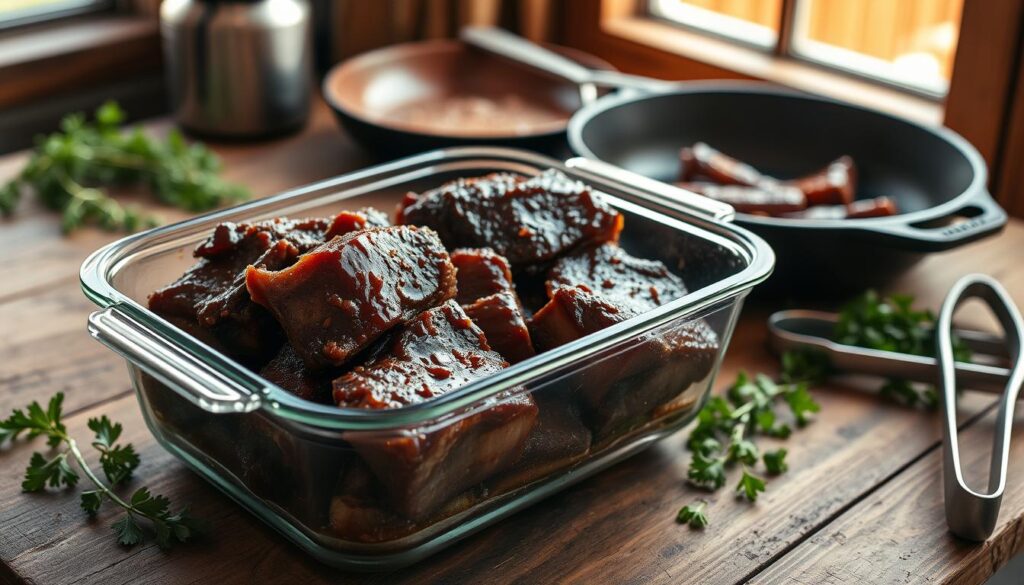 Storing BBQ Beef Leftovers: A sunset recipes image showcasing a glass container filled with tender, smoked beef short ribs, glistening with a rich, caramelized BBQ sauce. The container is placed on a rustic wooden table, surrounded by fresh herbs, a cast-iron skillet, and a set of tongs, conveying a homely, well-used kitchen scene. Warm, natural lighting filters through a window, casting a cozy glow over the scene. The overall mood is one of hearty, comforting cuisine, inviting the viewer to imagine reheating and enjoying these flavorful BBQ beef leftovers.
